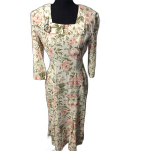 Vintage 80s USA Floral Cottagecore Prairie Square Collar Roses Shabby Dress 7/8
